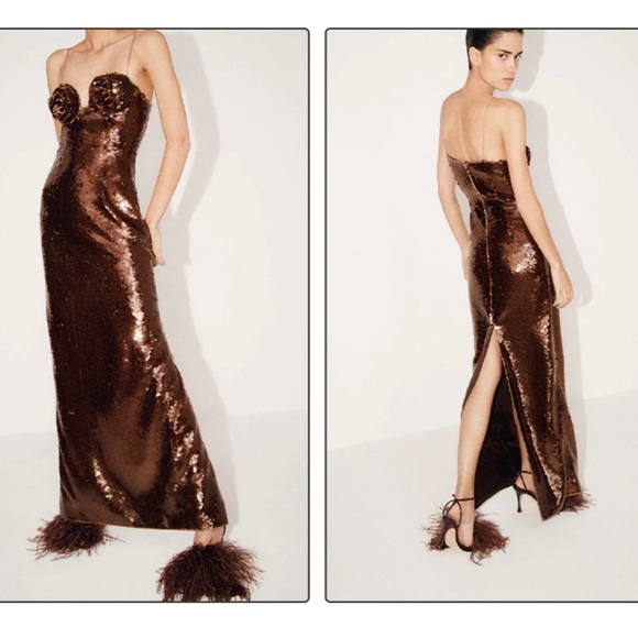 Roses Sequined Bustier Evening Gown In Mocha Shine, High-end Sequin Maxi - Picture 6 of 12